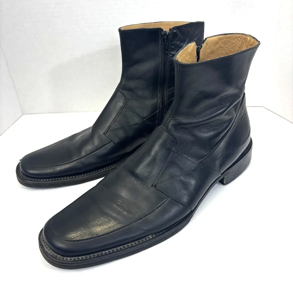 Vtg Kenneth Cole Collection Ankle Boots Mens 8.5 Black Leather Zip Italy Square